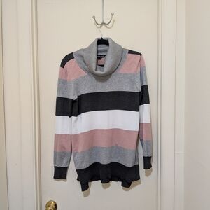 Cable & Gauge Striped Cowl Neck Sweater in Gray, Pink & White